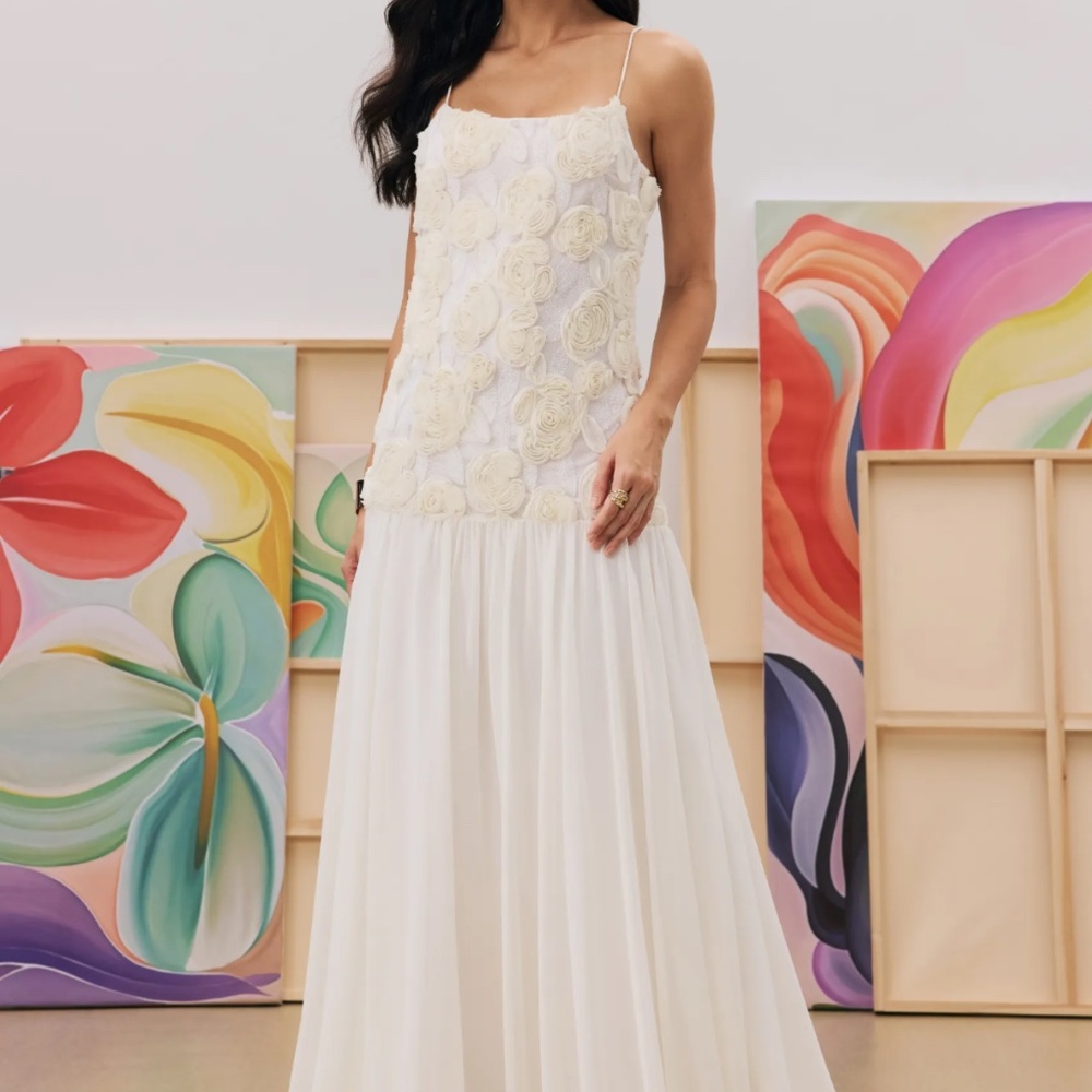 Sunfere Andrea Floral Applique Pleated Chiffon Maxi Dress